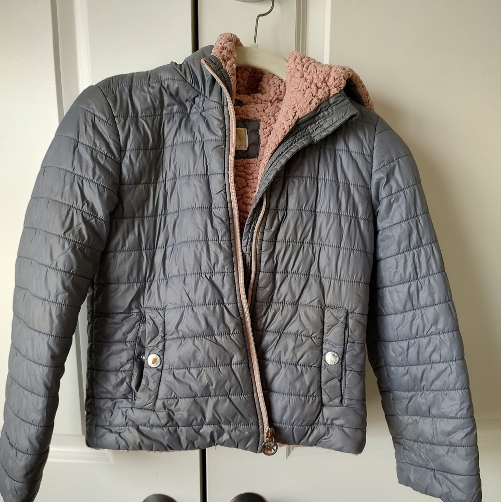 Michael Kors MK Girl's Size 7/8 Gray Quilted Puffer Jacket with Pink Lining